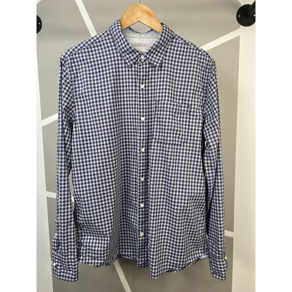 Fat Face Navy Blue Check Shirt Men’s Large Long Sleeve Button Up Slim Stretch